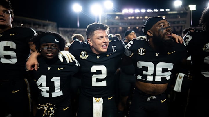 Vanderbilt quarterback Diego Pavia (2) celebrates after defeating Ball State 24-14 at FirstBank Stadium in Nashville, Tenn. on Oct. 19, 2024. Vanderbilt quarterback Diego Pavia (2) celebrates after defeating Ball State 24-14 at FirstBank Stadium in Nashville, Tenn. on Oct. 19, 2024.