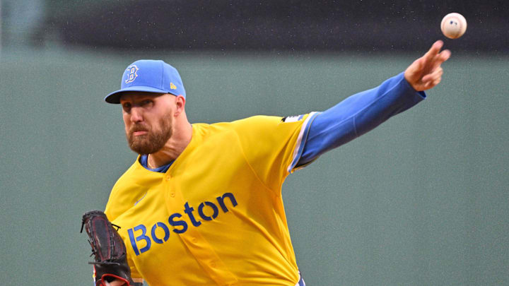 Apr 19, 2026; Boston, Massachusetts, USA; Boston Red Sox starting pitcher Garrett Crochet (35) pitches against the Detroit Tigers during the first inning at Fenway Park. Mandatory Credit: Eric Canha-Imagn Images
