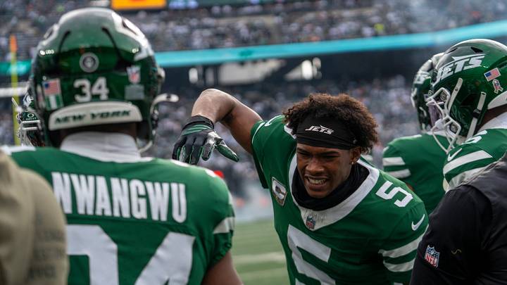 New York Jets wide receiver Garrett Wilson (5) celebrates with New York Jets running back Kene Nwangwu (34) after Nwangwu scores a touchdown during an NFL Week 10 game between the New York Jets and the Cleveland Browns at MetLife Stadium on Sunday, Nov. 9, 2025. New York Jets wide receiver Garrett Wilson (5) celebrates with New York Jets running back Kene Nwangwu (34) after Nwangwu scores a touchdown during an NFL Week 10 game between the New York Jets and the Cleveland Browns at MetLife Stadium on Sunday, Nov. 9, 2025.