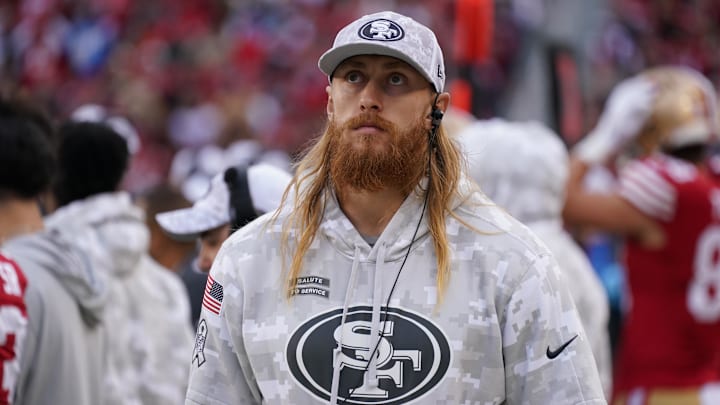 Nov 17, 2024; Santa Clara, California, USA; George Kittle stands on the sideline with injury against the Seattle Seahawks in the fourth quarter at Levi's Stadium. Mandatory Credit: David Gonzales-Imagn Images