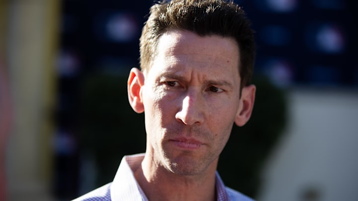 Nov 7, 2023; Scottsdale, AZ, USA; Boston Red Six chief baseball officer Craig Breslow speaks to the media during the MLB General Manager's Meetings at Omni Scottsdale Resort & Spa. Mandatory Credit: Mark J. Rebilas-Imagn Images Nov 7, 2023; Scottsdale, AZ, USA; Boston Red Six chief baseball officer Craig Breslow speaks to the media during the MLB General Manager's Meetings at Omni Scottsdale Resort & Spa. Mandatory Credit: Mark J. Rebilas-Imagn Images