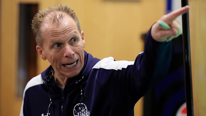 Head coach Matthew Driscoll talks to the team while watching game footage of the 89-75 loss to UNC Asheville during men’s basketball practice Tuesday, Nov. 19, 2024 at the University of North Florida’s UNF Arena in Jacksonville, Fla.
