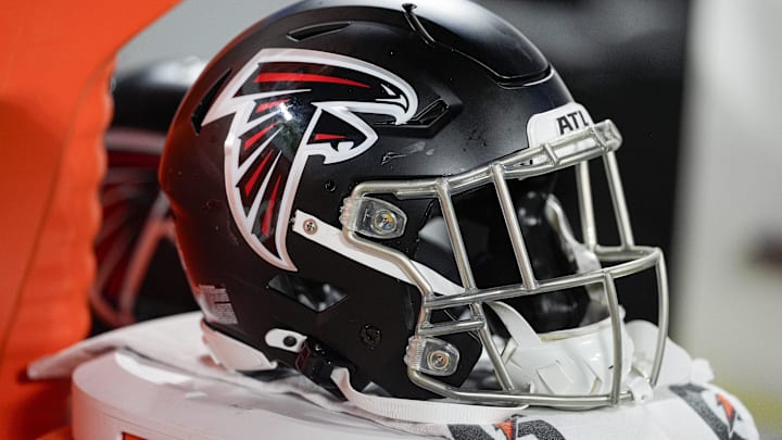 Oct 13, 2024; Charlotte, North Carolina, USA; Atlanta Falcons helmet during the second half against the Carolina Panthers at Bank of America Stadium. Mandatory Credit: Jim Dedmon-Imagn Images