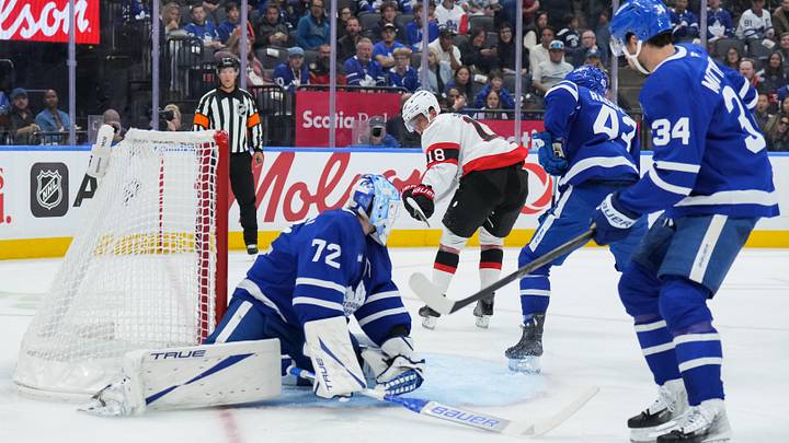 Tim Stutzle scoring the first goal of the game in the Ottawa Senators versus Toronto Maple Leafs split squad preseason game at Scotiabank Arena 