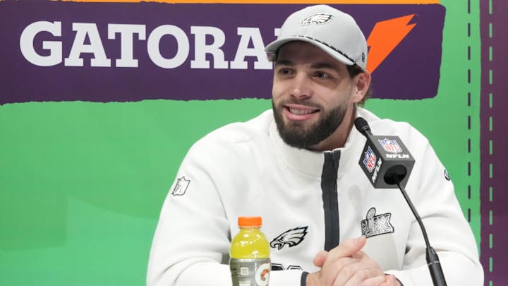 Feb 3, 2025; New Orleans, LA, USA;  Philadelphia Eagles tight end Dallas Goedert (88) during Super Bowl LIX Opening Night at Ceasars Superdome. Mandatory Credit: Kirby Lee-Imagn Images