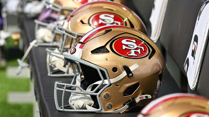 Sep 15, 2024; Minneapolis, Minnesota, USA; San Francisco 49ers helmets sits idle during the game against the Minnesota Vikings at U.S. Bank Stadium. Mandatory Credit: Jeffrey Becker-Imagn Images Sep 15, 2024; Minneapolis, Minnesota, USA; San Francisco 49ers helmets sits idle during the game against the Minnesota Vikings at U.S. Bank Stadium. Mandatory Credit: Jeffrey Becker-Imagn Images