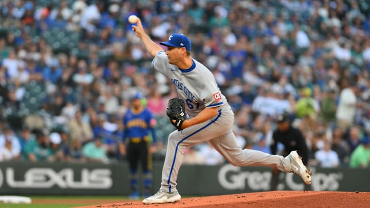 Jul 3, 2025; Seattle, Washington, USA; Kansas City Royals starting pitcher Seth Lugo (67) pitches to the Seattle Mariners during the first inning at T-Mobile Park. Mandatory Credit: Steven Bisig-Imagn Images Jul 3, 2025; Seattle, Washington, USA; Kansas City Royals starting pitcher Seth Lugo (67) pitches to the Seattle Mariners during the first inning at T-Mobile Park. Mandatory Credit: Steven Bisig-Imagn Images