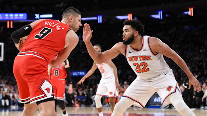 Nov 13, 2024; New York, New York, USA; Chicago Bulls center Nikola Vucevic (9) looks for an opening as New York Knicks center Karl-Anthony Towns (32) defends during the second half at Madison Square Garden. Mandatory Credit: John Jones-Imagn Images Nov 13, 2024; New York, New York, USA; Chicago Bulls center Nikola Vucevic (9) looks for an opening as New York Knicks center Karl-Anthony Towns (32) defends during the second half at Madison Square Garden. Mandatory Credit: John Jones-Imagn Images