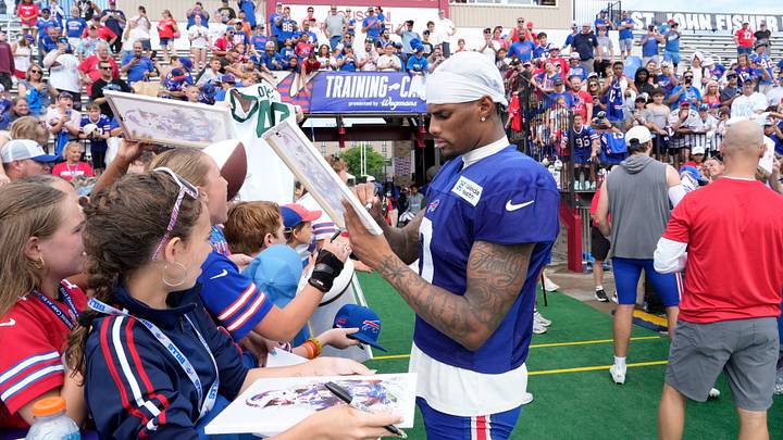 Buffalo Bills third-year receiver Keon Coleman signs autographs at the end of Day 6 of Buffalo's training camp at St. John Fisher University in Pittsford, New York, on Thursday, August 5, 2026. Buffalo Bills third-year receiver Keon Coleman signs autographs at the end of Day 6 of Buffalo's training camp at St. John Fisher University in Pittsford, New York, on Thursday, August 5, 2026.