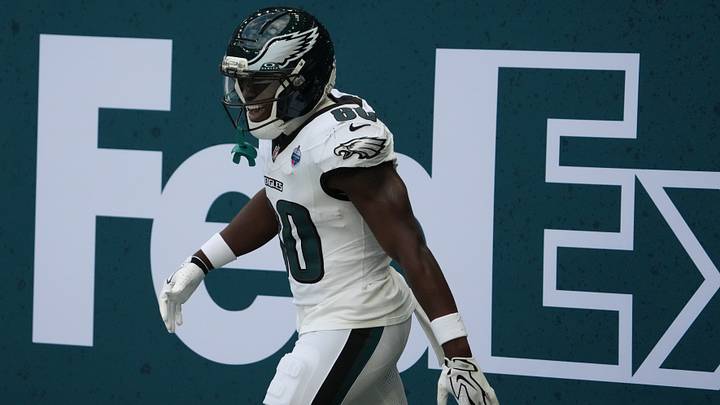 Philadelphia Eagles wide receiver Darius Cooper (80) celebrates after a touchdown reception during the first half against the Jacksonville Jaguars at Tottenham Hotspur Stadium. Mandatory Credit: Kirby Lee-Imagn Images Philadelphia Eagles wide receiver Darius Cooper (80) celebrates after a touchdown reception during the first half against the Jacksonville Jaguars at Tottenham Hotspur Stadium. Mandatory Credit: Kirby Lee-Imagn Images