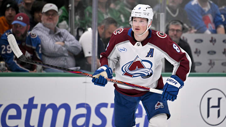 Mar 6, 2026; Dallas, Texas, USA; Colorado Avalanche defenseman Cale Makar (8) skates against the Dallas Stars during the first period at the American Airlines Center. Mandatory Credit: Jerome Miron-Imagn Images