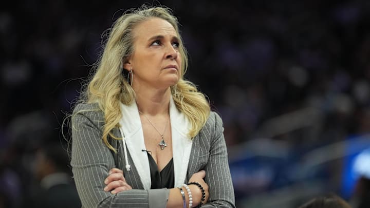 Jun 7, 2025; San Francisco, California, USA; Las Vegas Aces head coach Becky Hammon during the second quarter against the Golden State Valkyries at Chase Center. Mandatory Credit: Darren Yamashita-Imagn Images