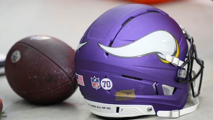 Nov 23, 2025; Green Bay, Wisconsin, USA; General view of an Minnesota Vikings helmet during the warmups prior to the game against the Green Bay Packers at Lambeau Field. Mandatory Credit: Jeff Hanisch-Imagn Images Nov 23, 2025; Green Bay, Wisconsin, USA; General view of an Minnesota Vikings helmet during the warmups prior to the game against the Green Bay Packers at Lambeau Field. Mandatory Credit: Jeff Hanisch-Imagn Images