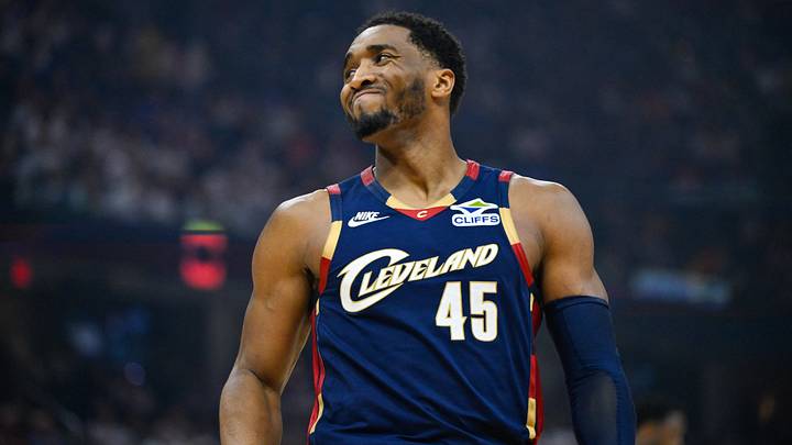 May 23, 2026; Cleveland, Ohio, USA; Cleveland Cavaliers guard Donovan Mitchell (45) reacts in the third quarter against the New York Knicks during game three of the eastern conference finals for the 2026 NBA playoffs at Rocket Arena. Mandatory Credit: David Richard-Imagn Images