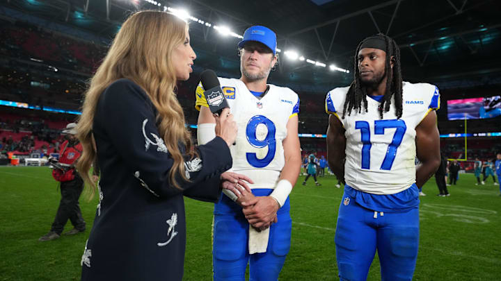 Oct 19, 2025; London, United Kingdom; NFL Network reporter Sara Walsh (left) interviews Los Angeles Rams quarterback Matthew Stafford (9) and wide receiver Davante Adams (17) after a NFL International Series game against the Jacksonville Jaguars at Wembley Stadium. Mandatory Credit: Kirby Lee-Imagn Images