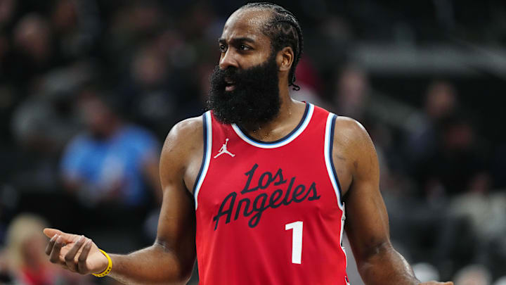Apr 8, 2025; Inglewood, California, USA; LA Clippers guard James Harden (1) reacts against the San Antonio Spurs in the first half at Intuit Dome. Mandatory Credit: Kirby Lee-Imagn Images Apr 8, 2025; Inglewood, California, USA; LA Clippers guard James Harden (1) reacts against the San Antonio Spurs in the first half at Intuit Dome. Mandatory Credit: Kirby Lee-Imagn Images