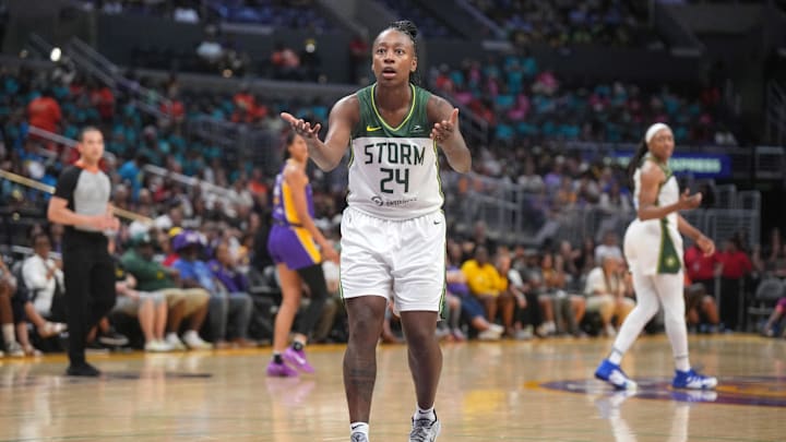 Jul 16, 2024; Los Angeles, California, USA; Seattle Storm guard Jewell Loyd (24) reacts in the second half against the LA Sparks at Crypto.com Arena. Mandatory Credit: Kirby Lee-Imagn Images