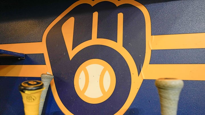 Apr 18, 2025; Milwaukee, Wisconsin, USA;  General view of the Milwaukee Brewers logo in the dugout during batting practice prior to the game against the Athletics at American Family Field. Mandatory Credit: Jeff Hanisch-Imagn Images