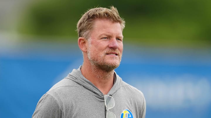 May 23, 2023, Thousand Oaks, CA, USA; Los Angeles Rams general manager Les Snead during organized team activities at Cal Lutheran. Mandatory Credit: Kirby Lee-Imagn Images May 23, 2023, Thousand Oaks, CA, USA; Los Angeles Rams general manager Les Snead during organized team activities at Cal Lutheran. Mandatory Credit: Kirby Lee-Imagn Images