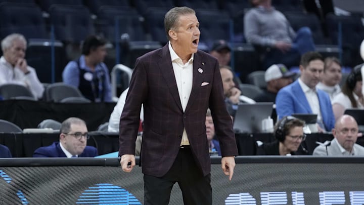 Mar 27, 2025; San Francisco, CA, USA; Arkansas Razorbacks head coach John Calipari watches play downcourt during the first half against the Texas Tech Red Raiders during a West Regional semifinal of the 2025 NCAA tournament at Chase Center. Mandatory Credit: Kyle Terada-Imagn Images