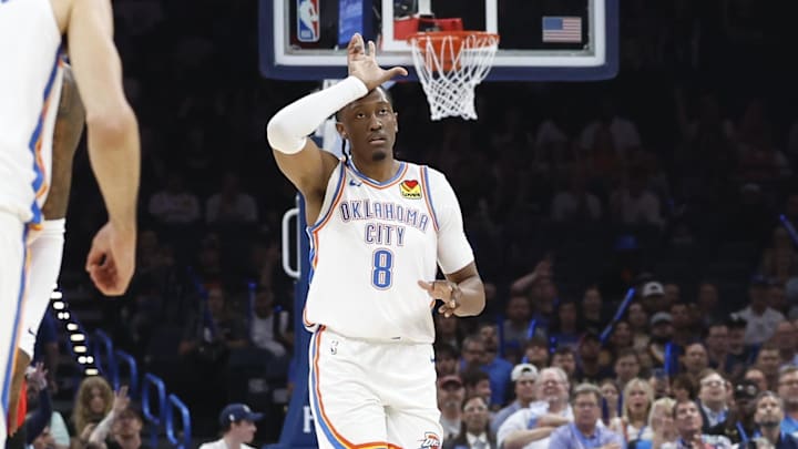 Oct 9, 2024; Oklahoma City, Oklahoma, USA; Oklahoma City Thunder forward Jalen Williams (8) gestures after scoring a basket against the Houston Rockets during the first quarter at Paycom Center. Mandatory Credit: Alonzo Adams-Imagn Images Oct 9, 2024; Oklahoma City, Oklahoma, USA; Oklahoma City Thunder forward Jalen Williams (8) gestures after scoring a basket against the Houston Rockets during the first quarter at Paycom Center. Mandatory Credit: Alonzo Adams-Imagn Images