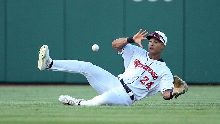 Rochester center fielder Andrew Pinckney can’t come up with the sliding catch on a bloop single to shallow center by Lehigh Valley’s Dylan Carlson in the third inning during their game against Lehigh Valley Friday, July 3, 2026 at ESL Ballpark in Rochester. Rochester center fielder Andrew Pinckney can’t come up with the sliding catch on a bloop single to shallow center by Lehigh Valley’s Dylan Carlson in the third inning during their game against Lehigh Valley Friday, July 3, 2026 at ESL Ballpark in Rochester.