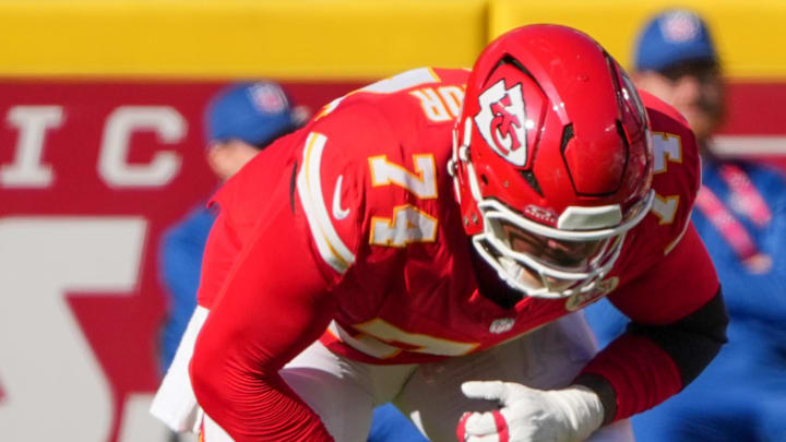 Nov 23, 2025; Kansas City, Missouri, USA; Kansas City Chiefs offensive tackle Jawaan Taylor (74) on field against the Indianapolis Colts during the game at GEHA Field at Arrowhead Stadium. Mandatory Credit: Denny Medley-Imagn Images