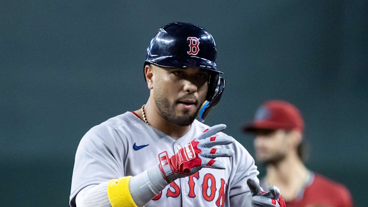 Sep 7, 2025; Phoenix, Arizona, USA; Boston Red Sox catcher Carlos Narvaez against the Arizona Diamondbacks at Chase Field. Mandatory Credit: Mark J. Rebilas-Imagn Images