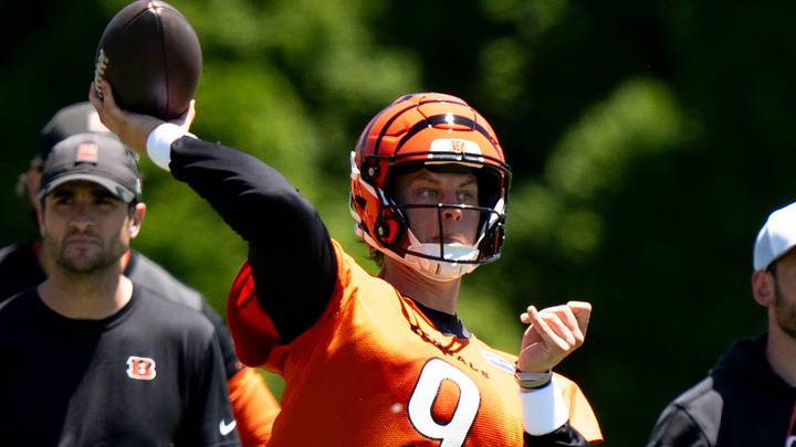Cincinnati Bengals quarterback Joe Burrow (9) throws a pass during spring practice on at the Kettering Practice Fields on Tuesday, June 2, 2026.