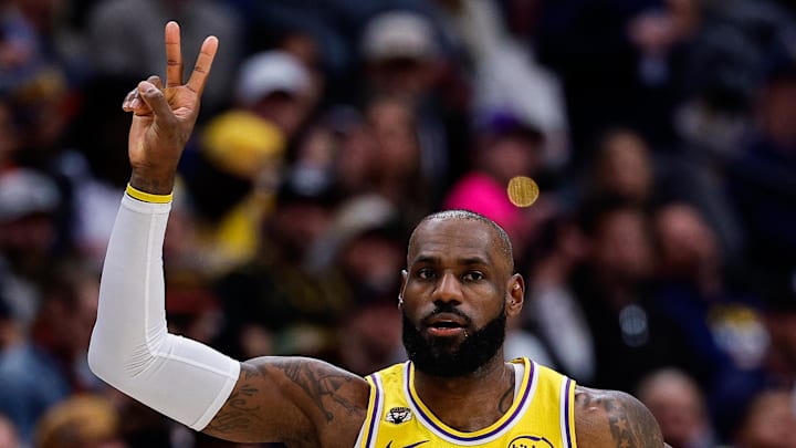 Jan 20, 2026; Denver, Colorado, USA; Los Angeles Lakers forward LeBron James (23) gestures after a play in the second quarter against the Denver Nuggets at Ball Arena. Mandatory Credit: Isaiah J. Downing-Imagn Images