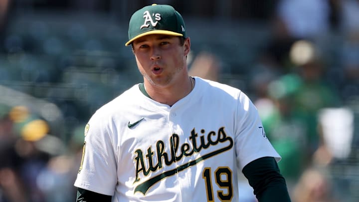 Jul 13, 2025; West Sacramento, California, USA; Athletics pitcher Mason Miller (19) reacts after defeating the Toronto Blue Jays 6-3 at Sutter Health Park