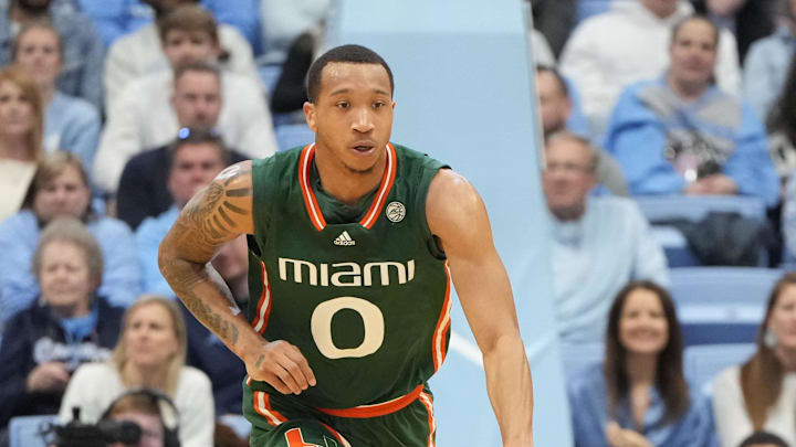 Feb 26, 2024; Chapel Hill, North Carolina, USA; Miami (Fl) Hurricanes guard Matthew Cleveland (0) with the ball in the first half at Dean E. Smith Center. Mandatory Credit: Bob Donnan-Imagn Images