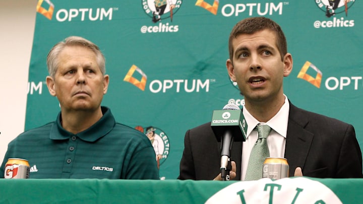 Jul 5, 2013; Waltham, MA, USA; Boston Celtics general manager Danny Ainge, left, and owner Wyc