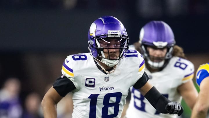 Jan 13, 2025; Glendale, AZ, USA; Minnesota Vikings wide receiver Justin Jefferson (18) against the Los Angeles Rams during an NFC wild card game at State Farm Stadium. Mandatory Credit: Mark J. Rebilas-Imagn Images Jan 13, 2025; Glendale, AZ, USA; Minnesota Vikings wide receiver Justin Jefferson (18) against the Los Angeles Rams during an NFC wild card game at State Farm Stadium. Mandatory Credit: Mark J. Rebilas-Imagn Images