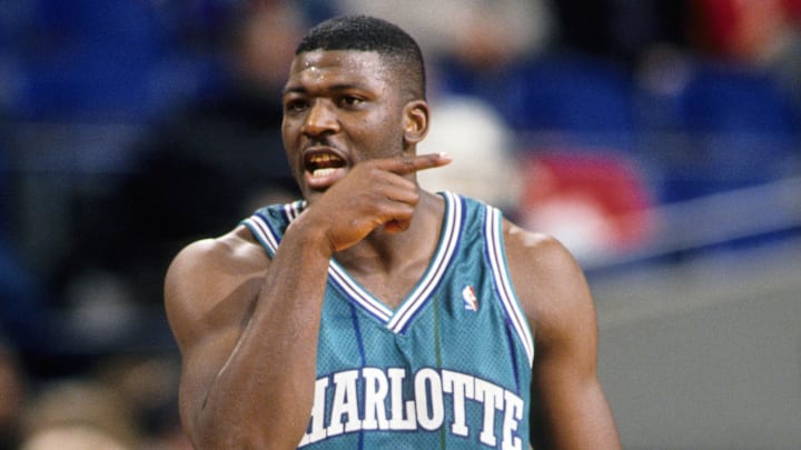 Mar 5, 1993; Portland, OR, USA: FILE PHOTO; Charlotte Hornets forward Larry Johnson against the Portland Trail Blazers at Memorial Coliseum. Mandatory Credit: Imagn Images Mar 5, 1993; Portland, OR, USA: FILE PHOTO; Charlotte Hornets forward Larry Johnson against the Portland Trail Blazers at Memorial Coliseum. Mandatory Credit: Imagn Images