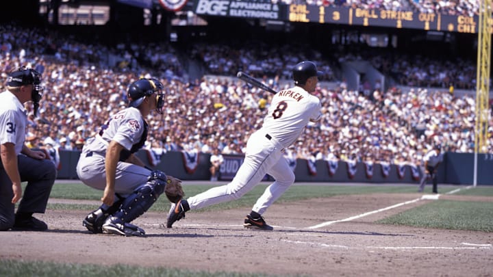Unknown Date; Baltimore, MD, USA; FILE PHOTO; Cal Ripken Jr. of the Baltimore Orioles in action against the California Angels during the 1995 Season at Camden Yards. Mandatory Credit: Photo By Imagn Images (c) Copyright 1995 Imagn Images

