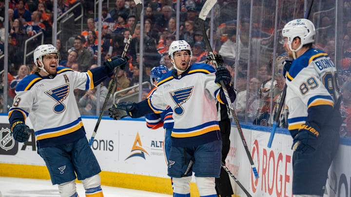 Blues star Jordan Kyrou with linemates Robert Thomas and Pavel Buchnevich