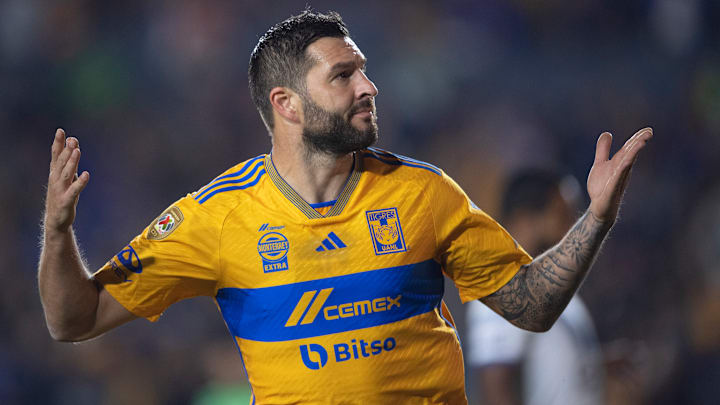 André-Pierre Gignac gestures after converting a penalty kick to put Tigres up 1-0 early in their quarterfinal match against Puebla.