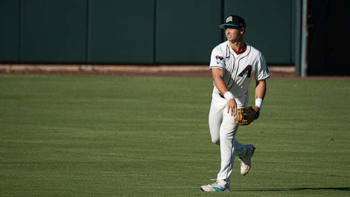 Second baseman, Tommy Troy takes the field during batting practice at Arizona Fall League media day at Scottsdale Stadium on Oct. 4, 2024, in Scottsdale, Arizona. Second baseman, Tommy Troy takes the field during batting practice at Arizona Fall League media day at Scottsdale Stadium on Oct. 4, 2024, in Scottsdale, Arizona.