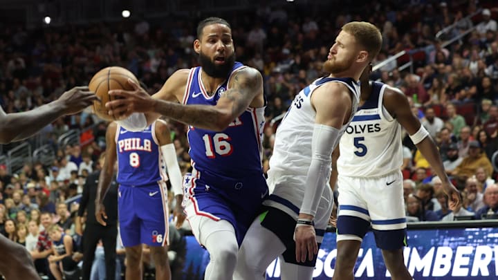Minnesota Timberwolves guard Donte DiVincenzo defends Philadelphia 76ers forward Caleb Martin (16) at Wells Fargo Arena in Des Moines, Iowa, on Oct. 11, 2024. Minnesota Timberwolves guard Donte DiVincenzo defends Philadelphia 76ers forward Caleb Martin (16) at Wells Fargo Arena in Des Moines, Iowa, on Oct. 11, 2024.