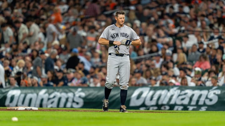 New York Yankees first baseman DJ LeMahieu (26) stands near first base during a game against the Detroit Tigers at Comerica Park in Detroit on Friday, Aug. 16, 2024.