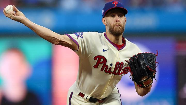 May 23, 2026; Philadelphia, Pennsylvania, USA; Philadelphia Phillies pitcher Zack Wheeler (45) throws a pitch during the fifth inning against the Cleveland Guardians at Citizens Bank Park.