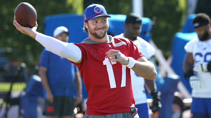 Bills quarterback Josh Allen throws on the sidelines during the opening day of Buffalo Bills training camp at St. John Fisher University Wednesday, July 23, 2025 in Pittsford. Bills quarterback Josh Allen throws on the sidelines during the opening day of Buffalo Bills training camp at St. John Fisher University Wednesday, July 23, 2025 in Pittsford.