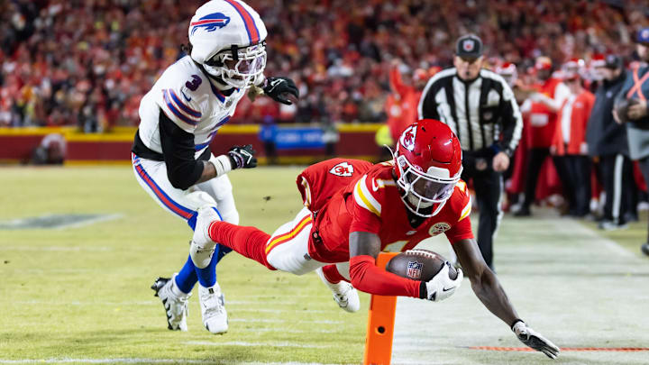 Jan 26, 2025; Kansas City, MO, USA; Kansas City Chiefs wide receiver Xavier Worthy (1) dives into the end zone to score a touchdown against the Buffalo Bills in the AFC Championship game at GEHA Field at Arrowhead Stadium. Mandatory Credit: Mark J. Rebilas-Imagn Images