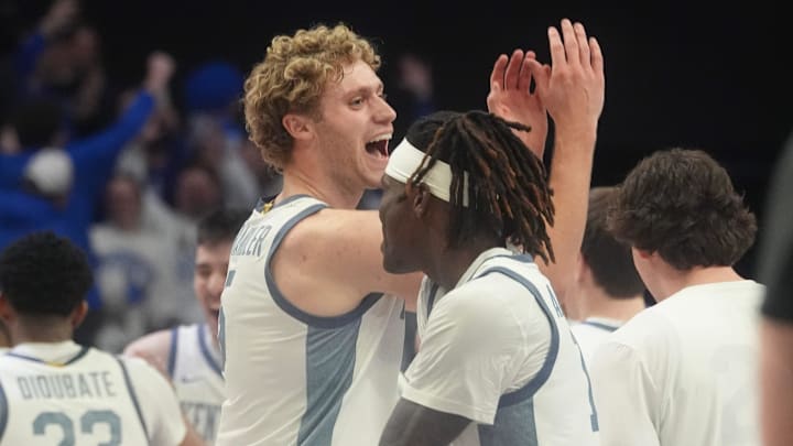 Kentucky's guard Collin Chandler (5) and Denzel Aberdeen (1) celebrate beating Tennessee at Rupp Arena Saturday night.
Feb. 7, 2026