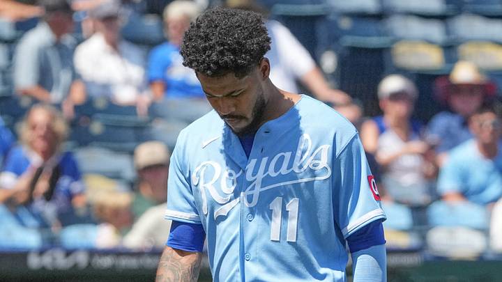 Aug 20, 2026; Kansas City, Missouri, USA; Kansas City Royals third baseman Maikel Garcia (11) walks off the field against the Athletics after an injury in the first inning at Kauffman Stadium. Mandatory Credit: Denny Medley-Imagn Images