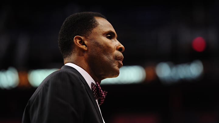 Jan. 6, 2012; Phoenix, AZ, USA; Portland Trail Blazers assistant coach Buck Williams against the  Phoenix Suns at the US Airways Center. The Suns defeated the Trail Blazers 102-77. Mandatory Credit: Mark J. Rebilas-Imagn Images
