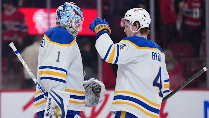 Buffalo Sabres goalie Ukko-Pekka Luukkonen and defenseman Bowen Byram