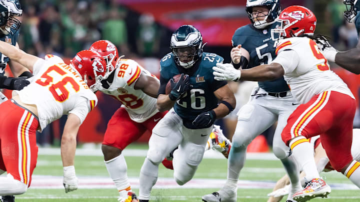 Feb 9, 2025; New Orleans, LA, USA; Philadelphia Eagles running back Saquon Barkley (26) against the Kansas City Chiefs during Super Bowl LIX at Ceasars Superdome. Mandatory Credit: Mark J. Rebilas-Imagn Images Feb 9, 2025; New Orleans, LA, USA; Philadelphia Eagles running back Saquon Barkley (26) against the Kansas City Chiefs during Super Bowl LIX at Ceasars Superdome. Mandatory Credit: Mark J. Rebilas-Imagn Images