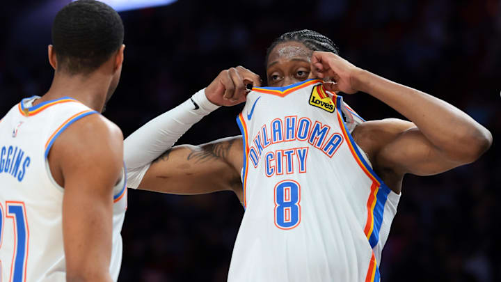 Jan 17, 2026; Miami, Florida, USA; Oklahoma City Thunder guard Jalen Williams (8) reacts against the Miami Heat during the second quarter at Kaseya Center. Mandatory Credit: Sam Navarro-Imagn Images